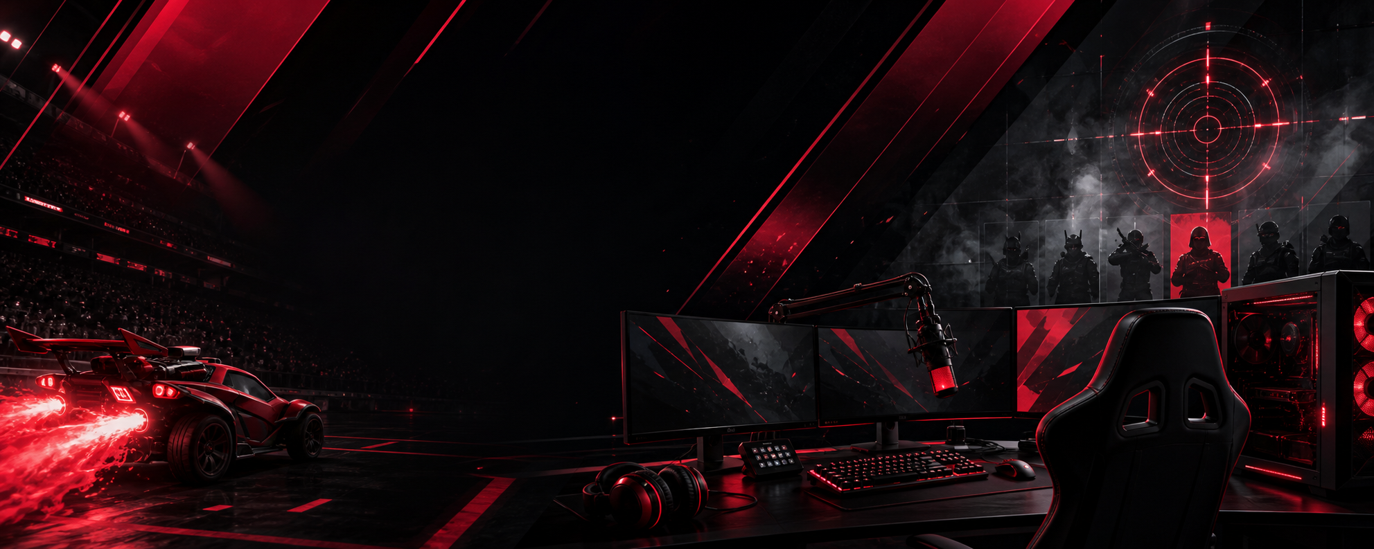 Red and black gaming setup with racing and tactical shooter visuals